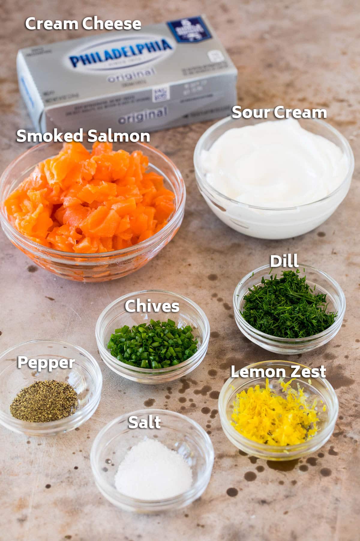 Ingredients including cream cheese, sour cream and seasonings.