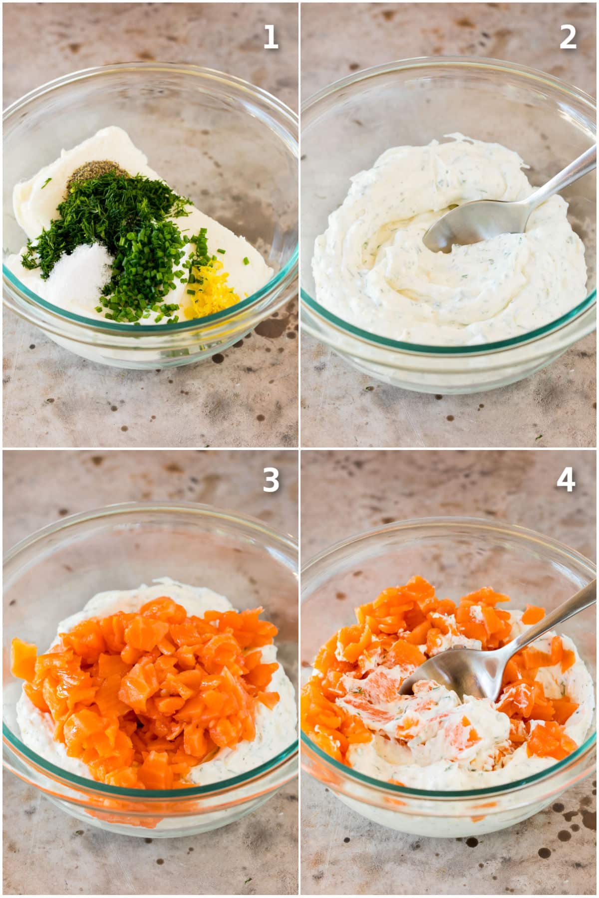 Step by step process shots showing how to make smoked salmon dip.