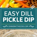 This creamy dill pickle dip is loaded with chopped pickles, herbs and spices, all blended together and served with a variety of dippers.