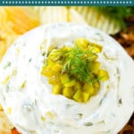 This creamy dill pickle dip is loaded with chopped pickles, herbs and spices, all blended together and served with a variety of dippers.