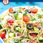 This recipe for spaghetti salad is a unique pasta salad full of crunchy vegetables and parmesan cheese, all tossed together in a homemade zesty Italian dressing.
