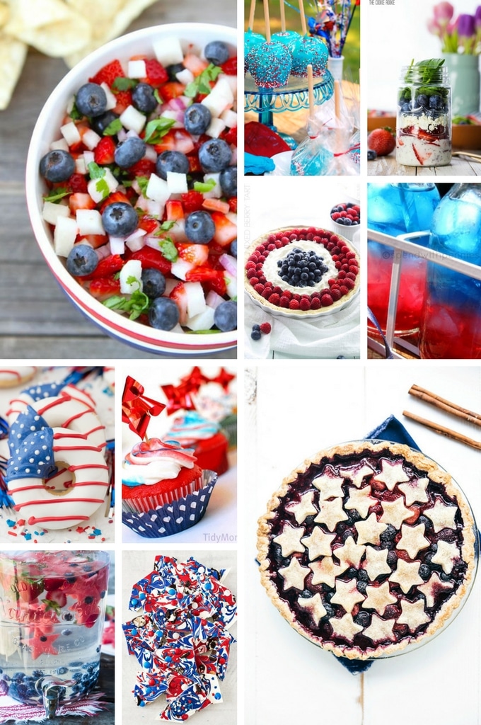4th of July Recipes such as salsa, salads, berry tarts, punch and donuts.