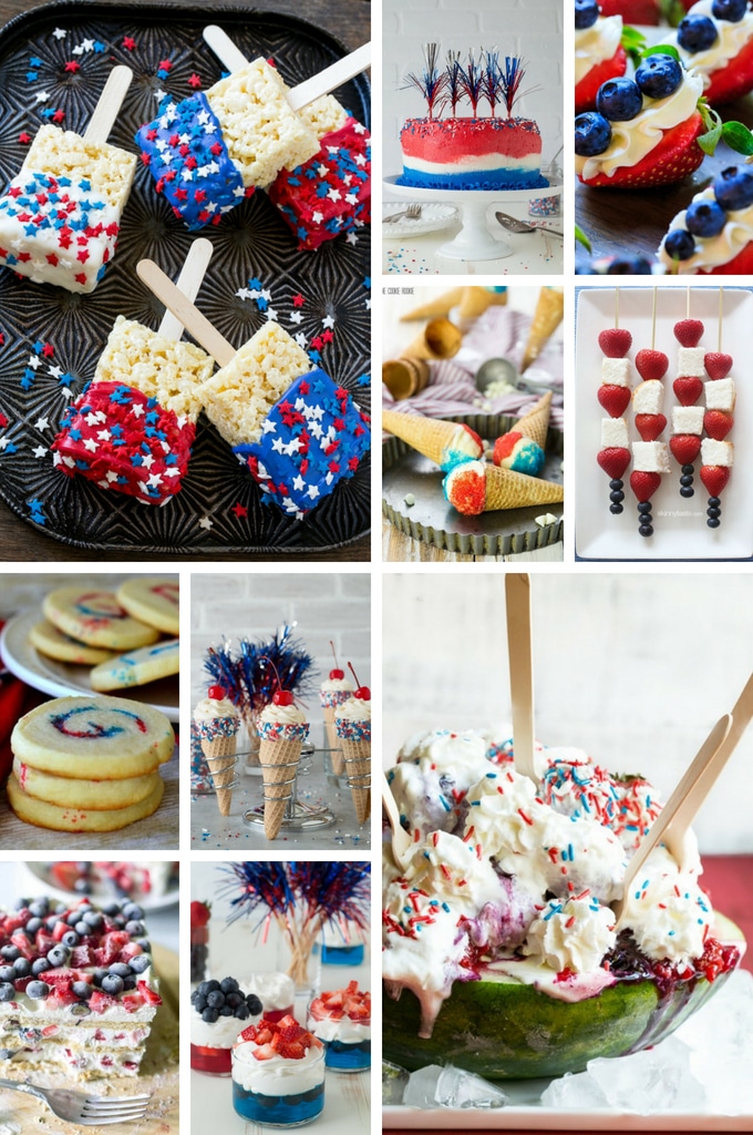 4th of July Recipes such as cake, cookies, fruit cups and ice cream.