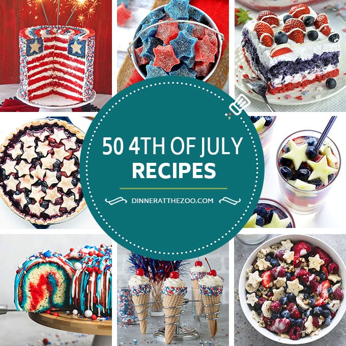 A comprehensive list of red, white and blue 4th of July recipes including drinks, cakes, pies, candy, salads and sweets! These patriotic recipes are perfect for the 4th and are also great for Memorial Day celebrations.