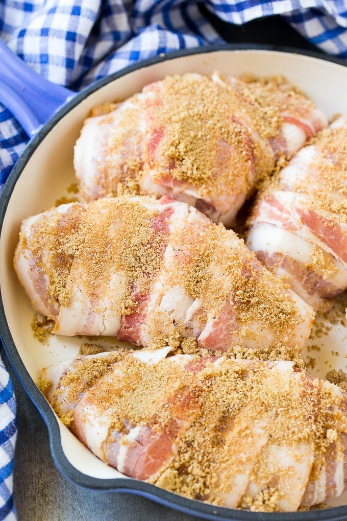Chicken breasts wrapped in bacon, then coated in brown sugar and spices.