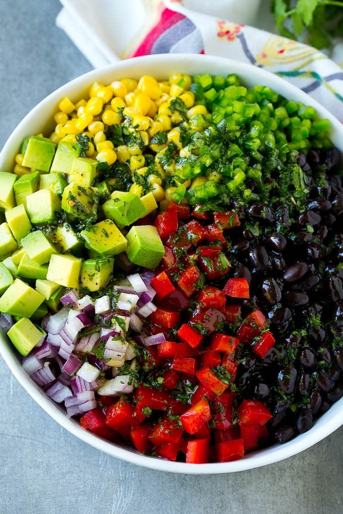 Black beans, corn and assorted vegetables topped with cilantro lime dressing.