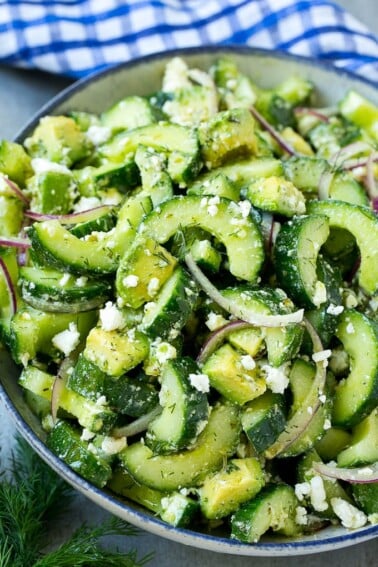 Cucumber feta salad with avocado, dill and red onions, all tossed in a Greek style dressing.