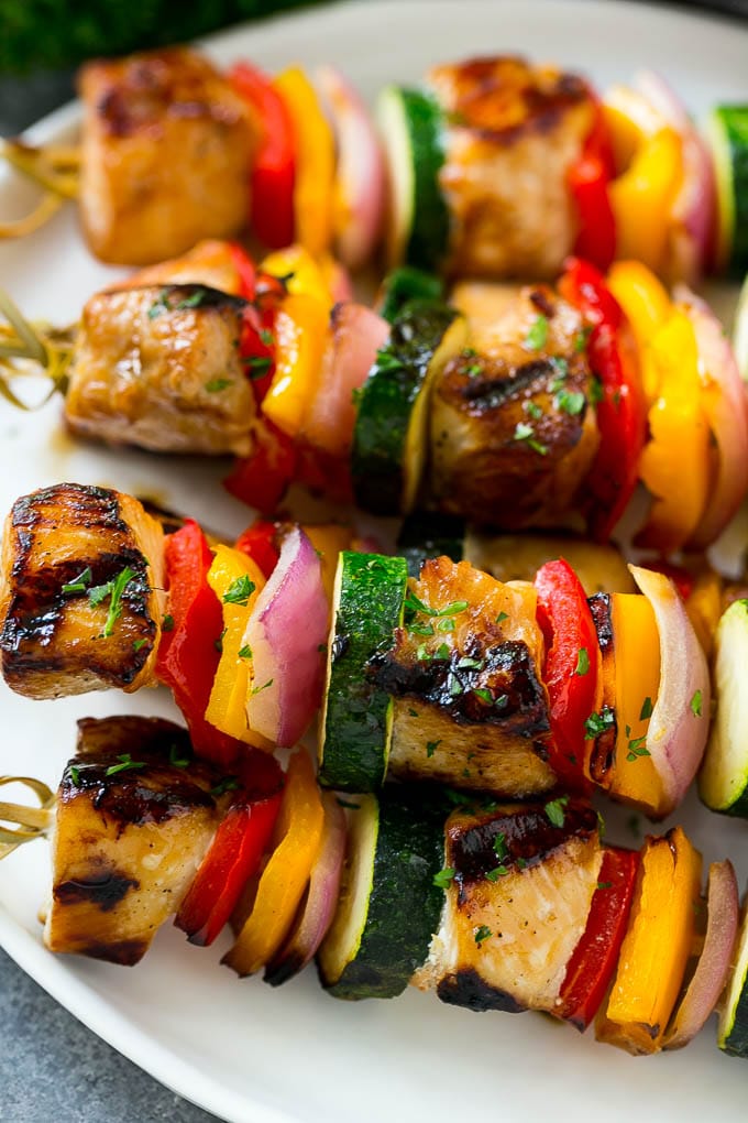 Grilled chicken kabobs with peppers, onion and zucchini.