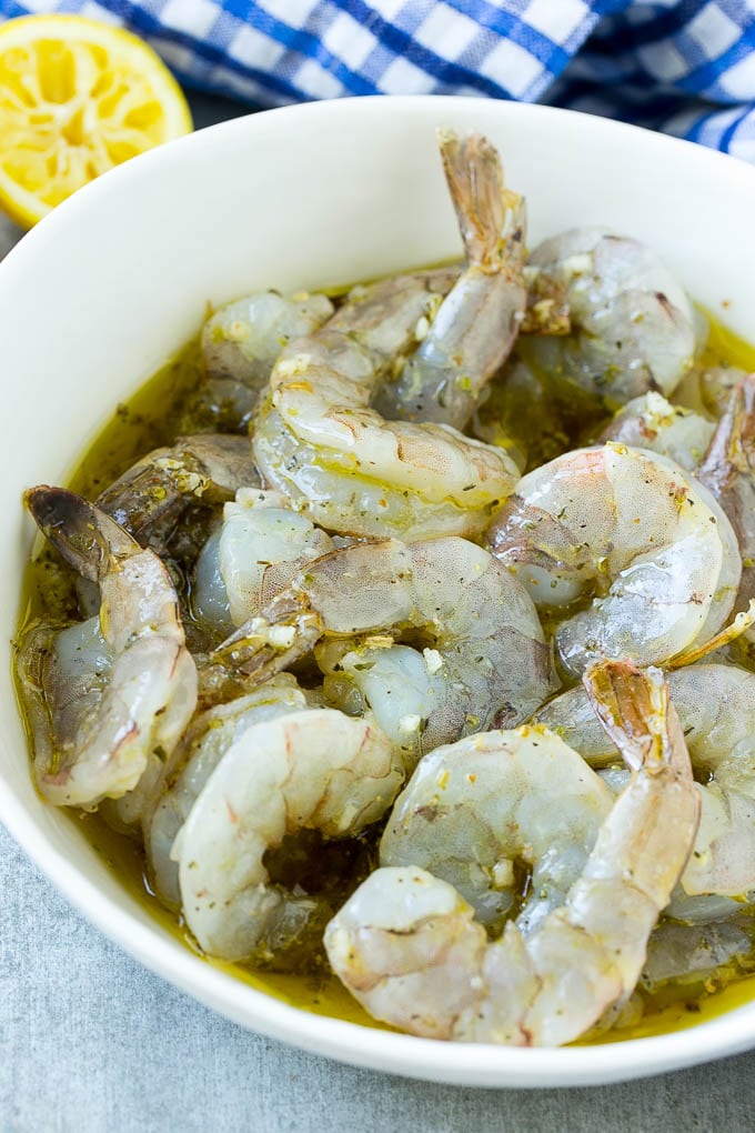 Raw shrimp marinated in lemon, olive oil, garlic and herbs.