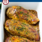 This honey mustard chicken is seared chicken breasts that are coated in a honey, mustard and butter mixture, then baked to perfection.