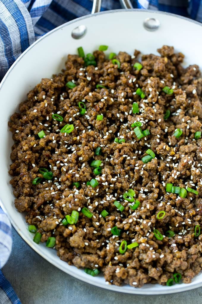 A skillet of Korean style ground beef.