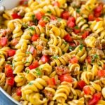 This taco pasta is loaded with ground beef, cheese and tomatoes, then garnished with fresh cilantro.