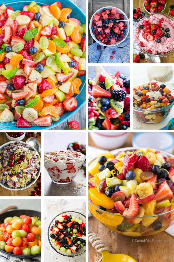 An assortment of fruit salad recipes including creamy fruit salad, watermelon salad and cheesecake salad.