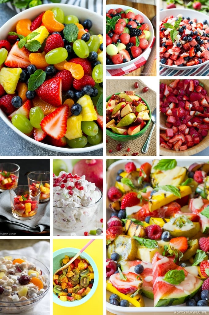 An assortment of different fruit salad photos.
