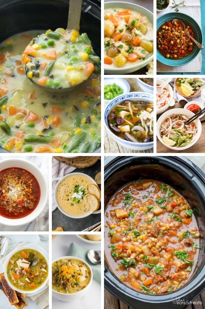 Recipes for slow cooker soups which include broccoli soup, split pea soup and chicken stew.