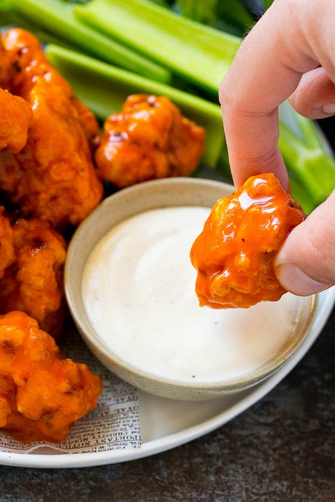 A buffalo chicken nugget dipped into ranch dressing.