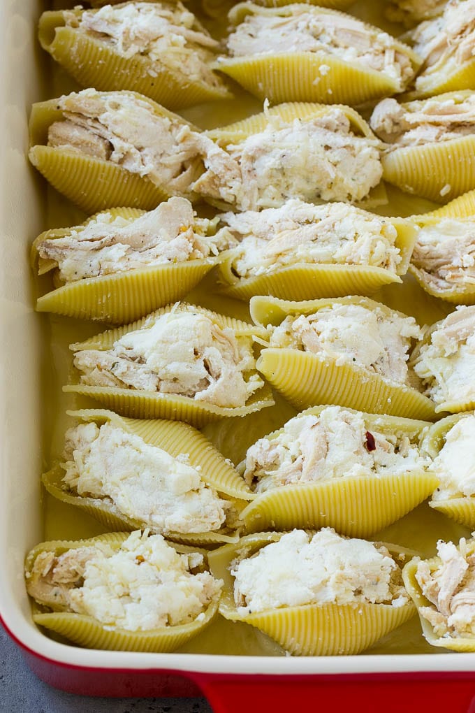 Shell pasta stuffed with a chicken and cheese mixture.