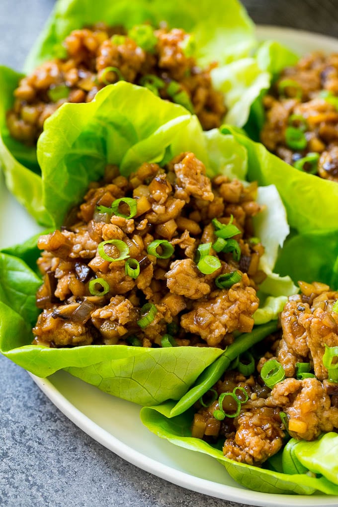 Chicken lettuce wraps with ground chicken in a savory sauce, just like the ones served at PF Chang's.