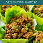 These chicken lettuce wraps contain ground chicken and veggies cooked in a savory sauce and served in cool lettuce leaves.