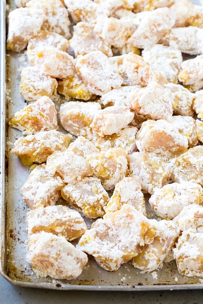 Chicken breast pieces coated in egg, flour, cornstarch and seasonings.