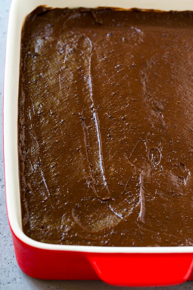 The pudding layer of a chocolate lasagna dessert.