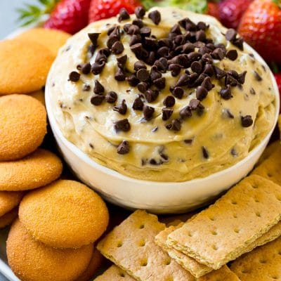 Chocolate chip cookie dough dip, topped with mini chocolate chips and served with graham crackers and vanilla wafers.