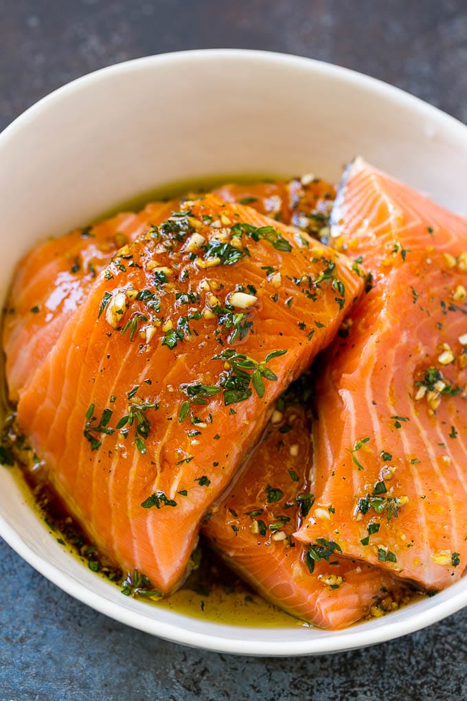 Salmon fillets in a lemon, garlic and herb marinade.