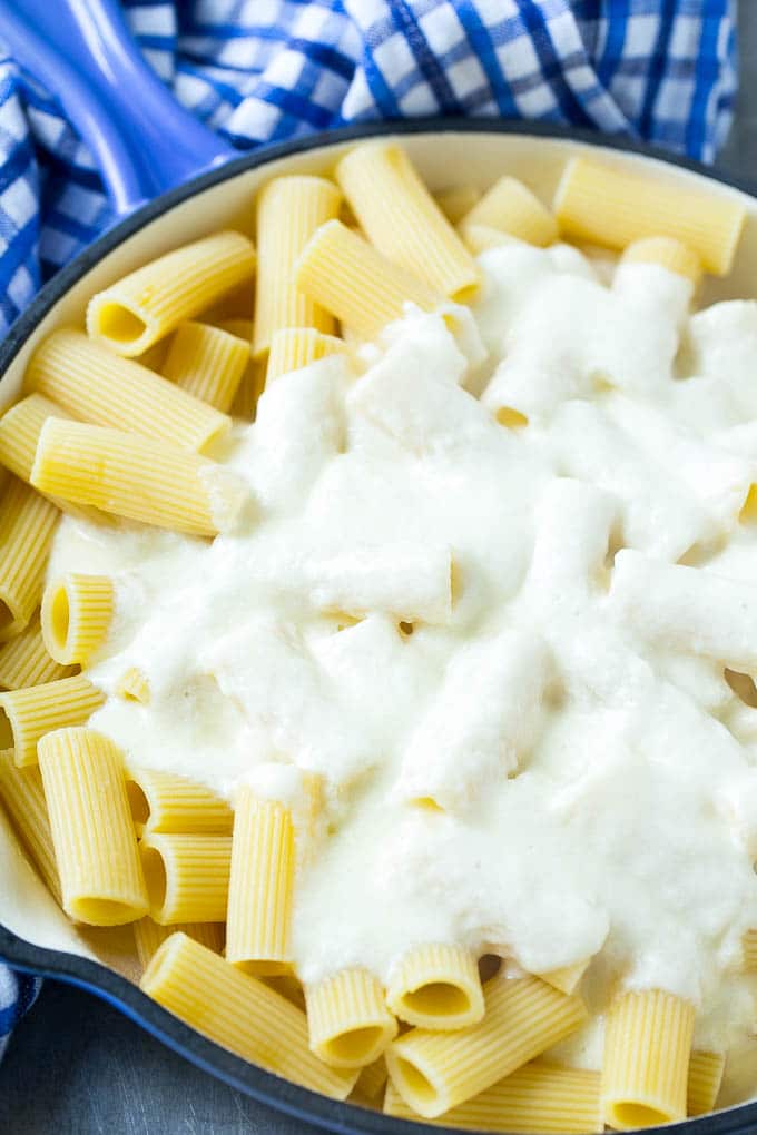 Rigatoni pasta with a creamy provolone sauce.