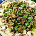 Philly cheesesteak pasta with ground beef, mushrooms and peppers.