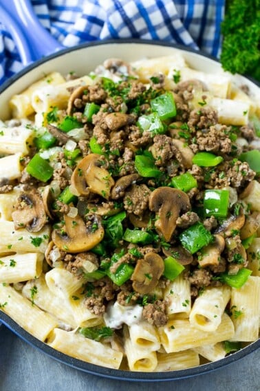 Philly cheesesteak pasta with ground beef, mushrooms and peppers.