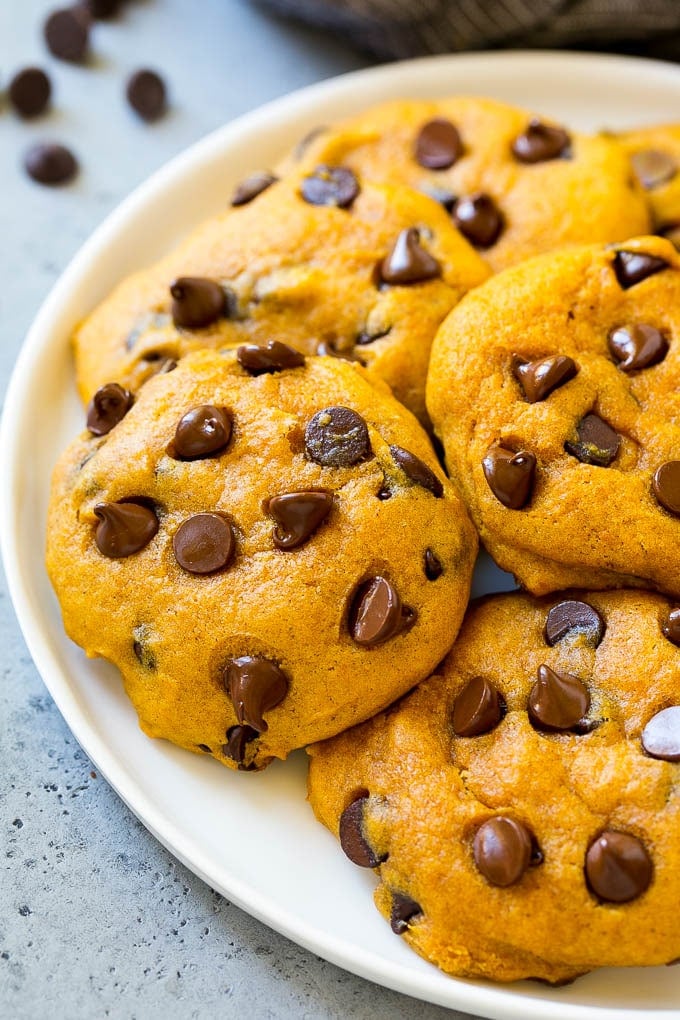 A plate of pumpkin chocolate chip cookies.