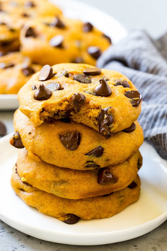 A stack of pumpkin chocolate chip cookies.