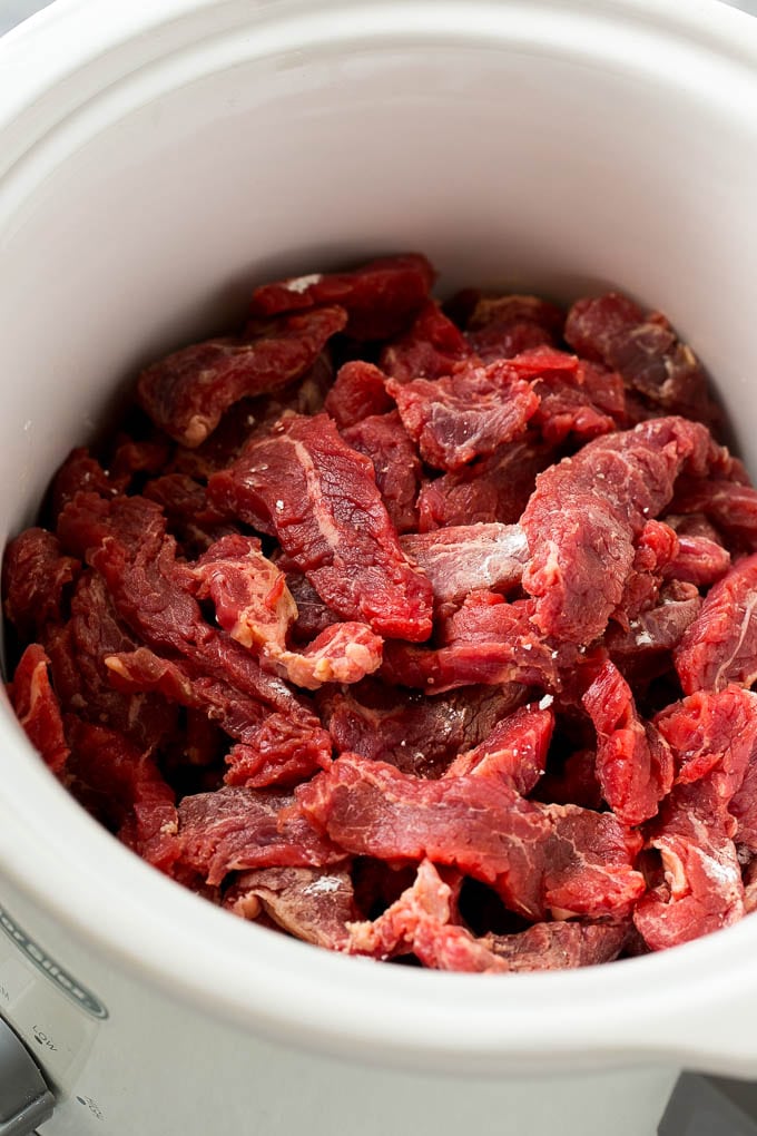 Flank steak in a slow cooker.