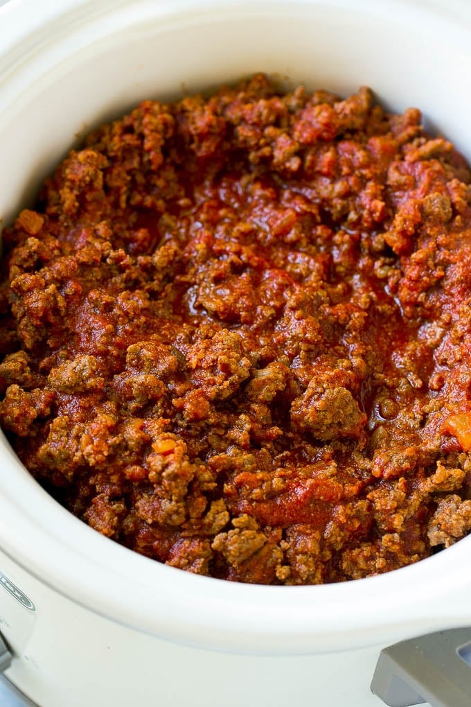 A slow cooker full of sloppy joe meat.