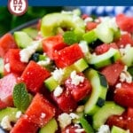 This watermelon salad is full of sliced cucumbers, crumbled feta cheese and mint, all tossed in an easy lime dressing.