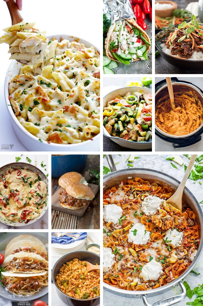 A collage of photos of back to school recipes such as tacos, sloppy joes, chicken dishes and pasta.