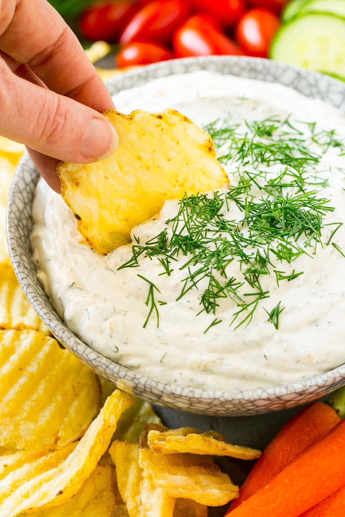 A potato chip scooping up a serving of creamy herb dip.