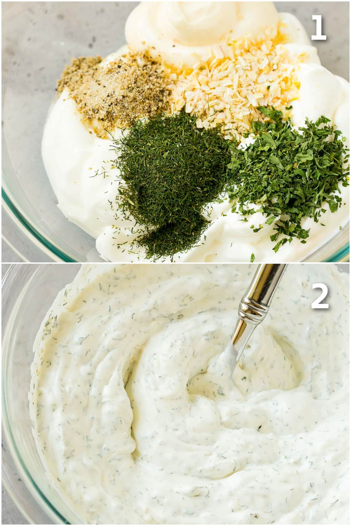 Step by step shots showing how to stir together dip ingredients.