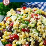 This Greek pasta salad is a light and fresh combination of colorful veggies, olives, and feta cheese.