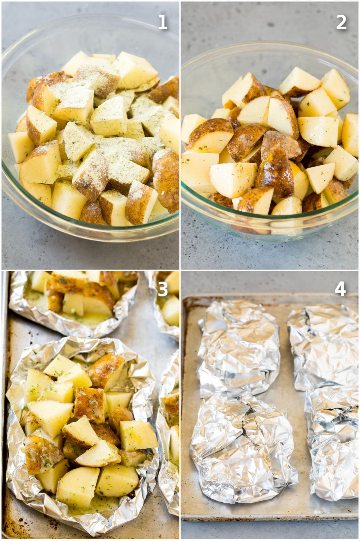 Step by step process shots showing how to grill potatoes in foil packets.