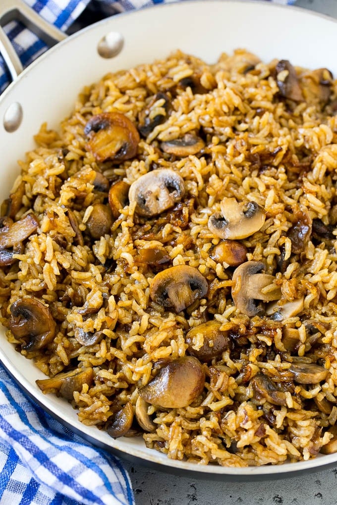 Mushroom rice in a skillet.