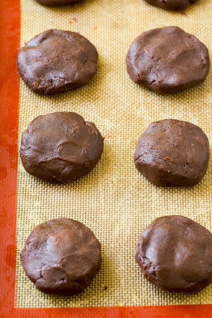 Nutella cookie dough on a baking sheet.