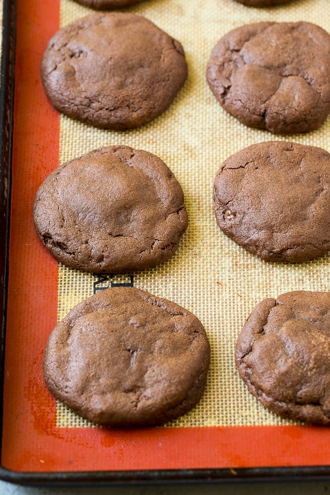 Baked chocolate stuffed cookies.