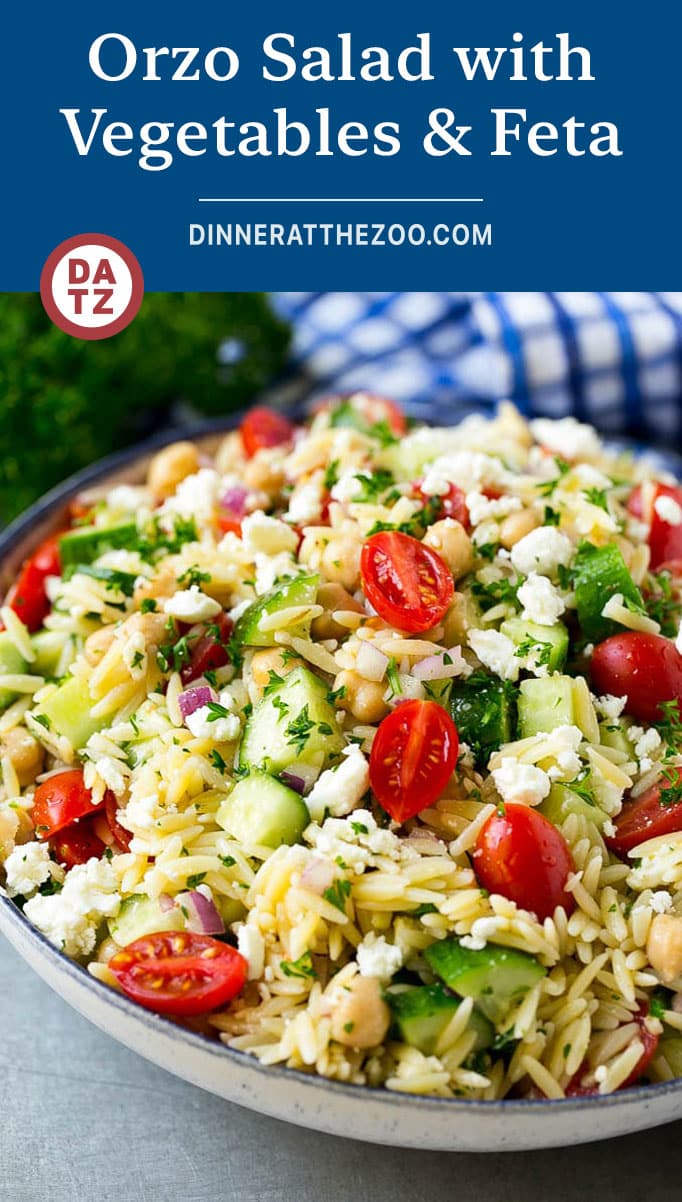 This Greek orzo salad is made with cucumbers, chickpeas, tomatoes, red onion, feta and herbs, all tossed in a herb dressing.