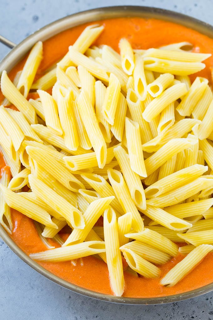 Penne pasta in a creamy tomato vodka sauce.