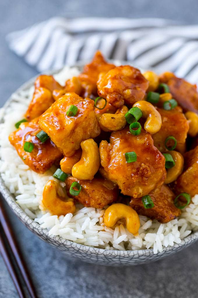 Cashew chicken served over steamed rice.