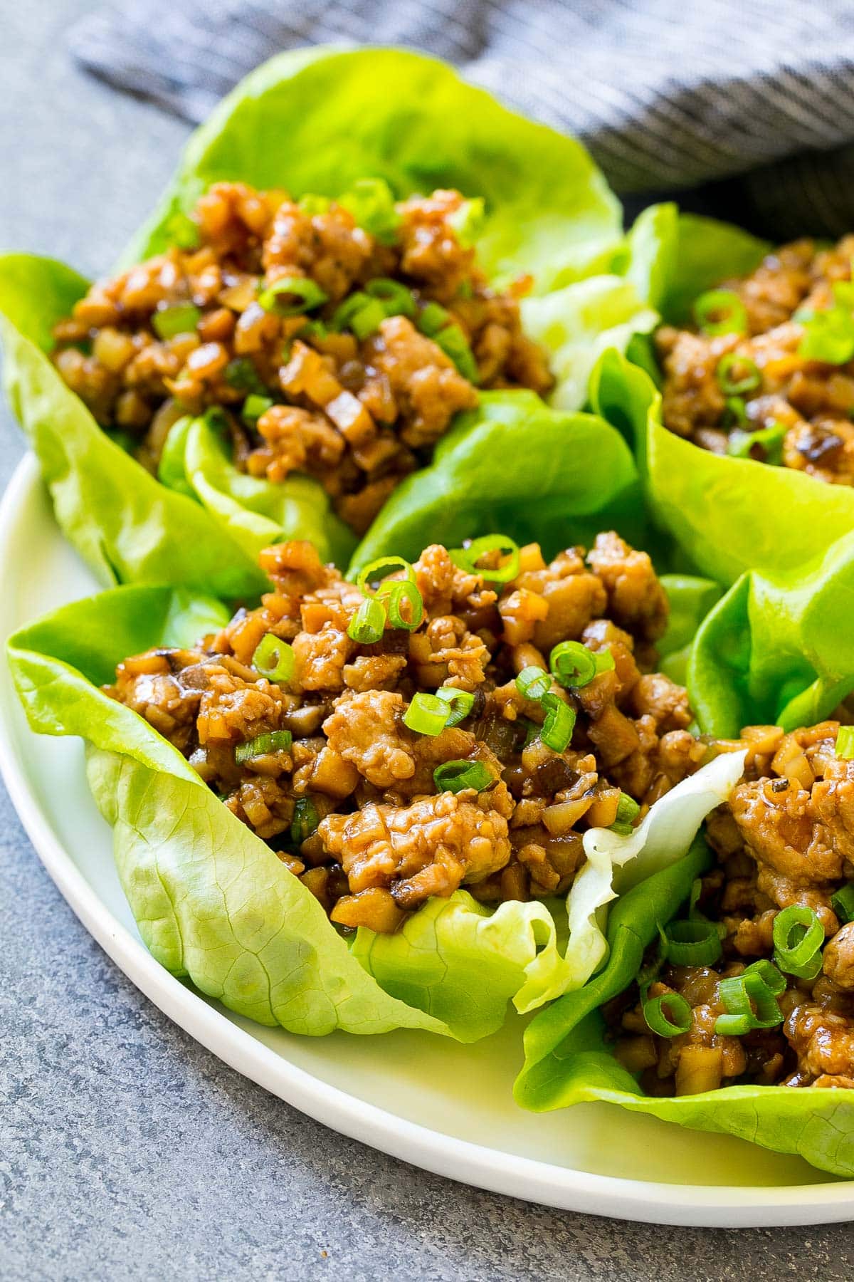 A plate of chicken lettuce wraps with sliced green onions on top.