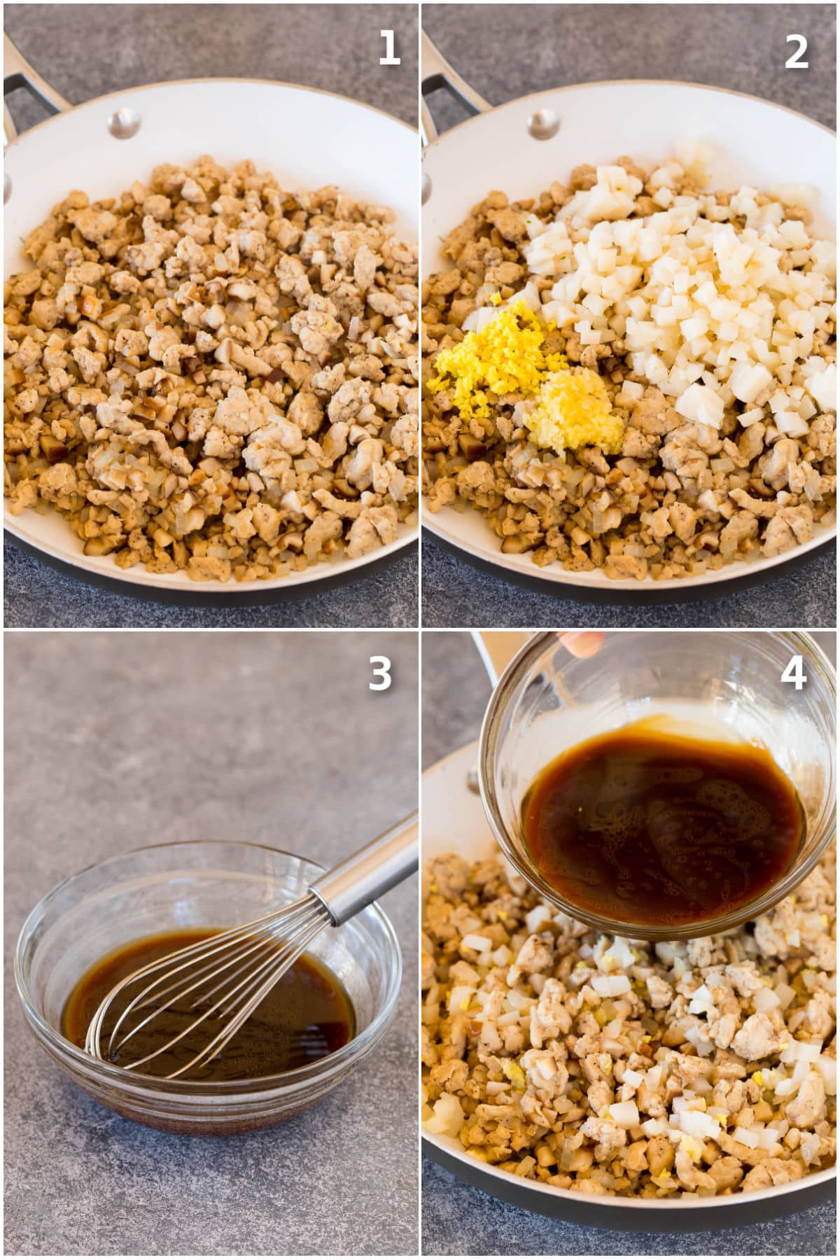 Step by step shots showing how to cook ground chicken and vegetables and make sauce.