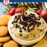 This cookie dough dip tastes like chocolate chip cookies, but is egg free and flour free making it totally safe to eat!