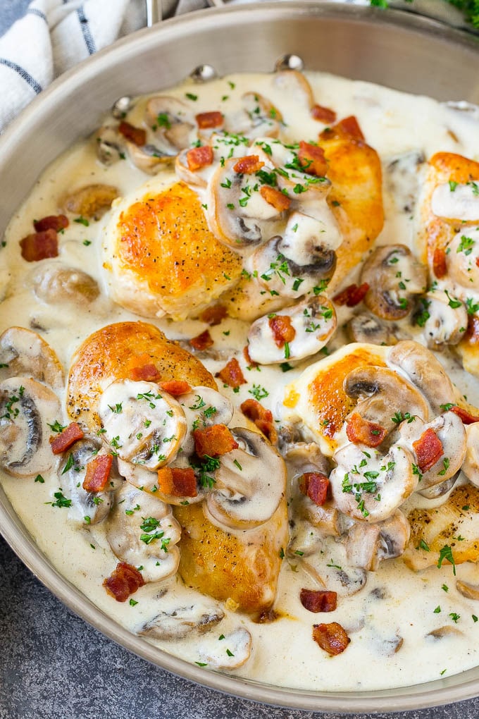 Mushroom chicken with bacon in a creamy sauce.